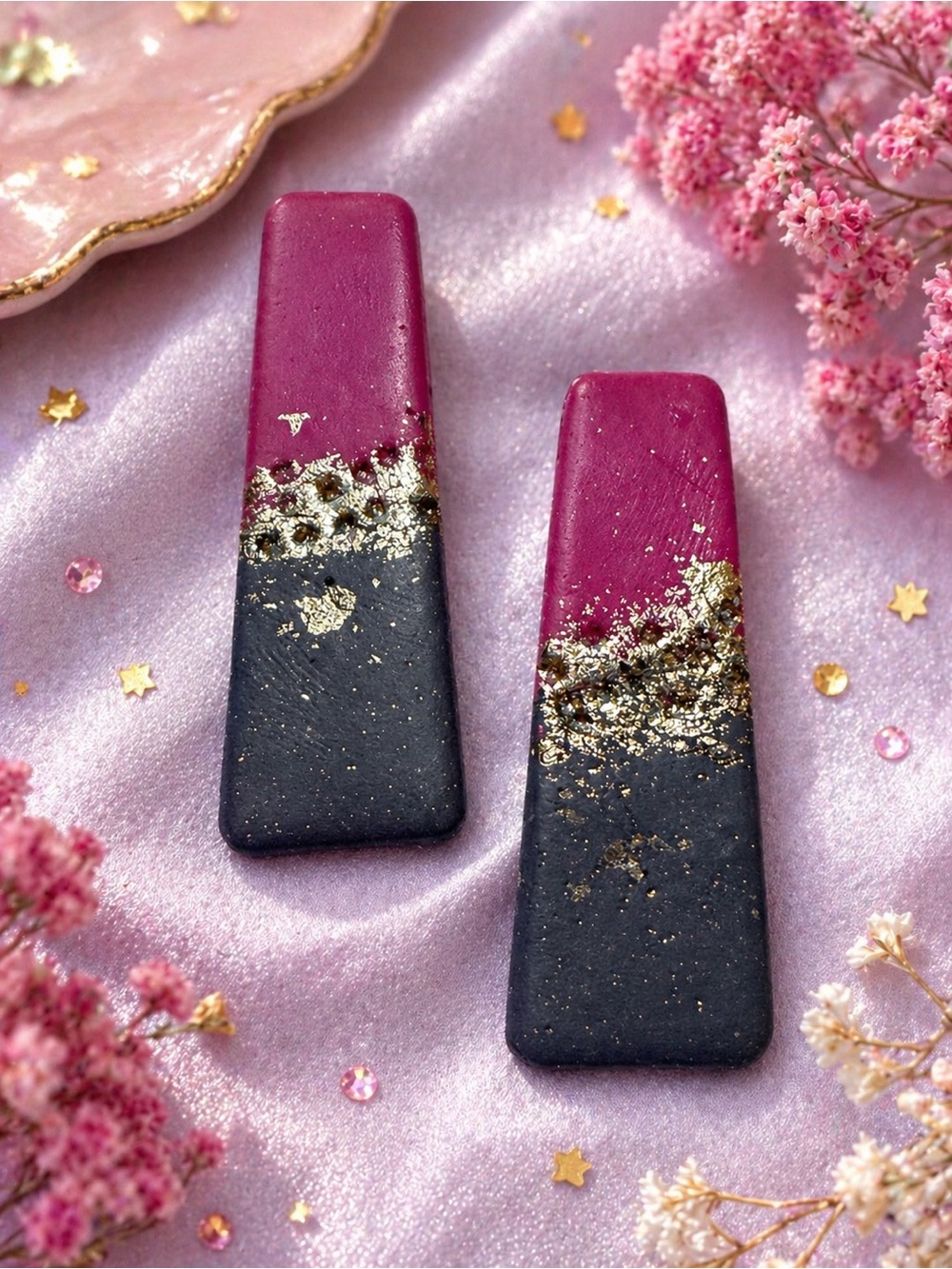 Handmade Magenta and Black Geode Handmade Polymer Clay Earrings with Gold Leaf